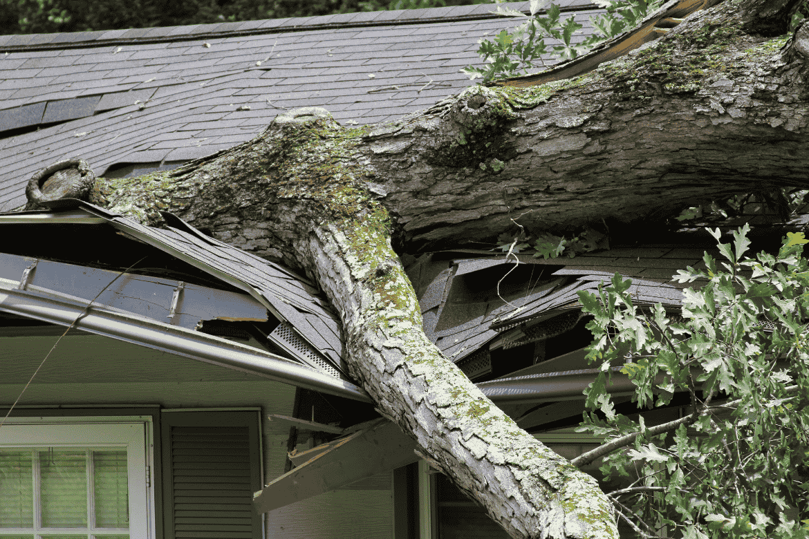 Image of a roof with substantial storm damage, showcasing the benefits of resilient homes design